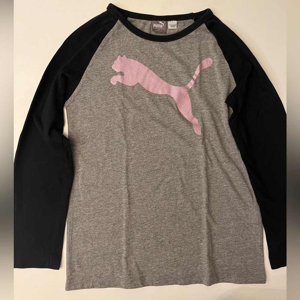 Puma Kids Gray and Black Long Sleeve Tee with Pink Logo size M 10-12